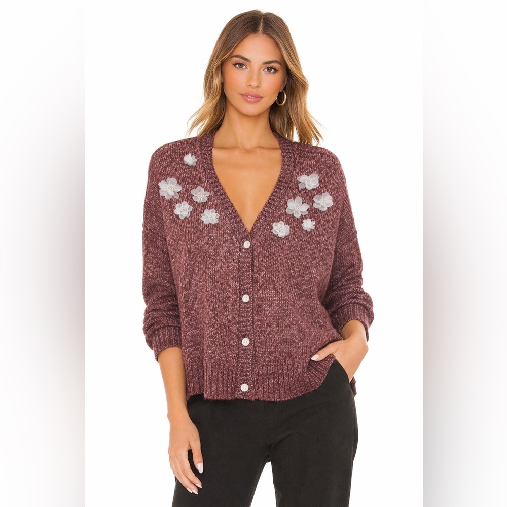 C&C California Maroon Floral-Appliqué V-Neck Cardigan
